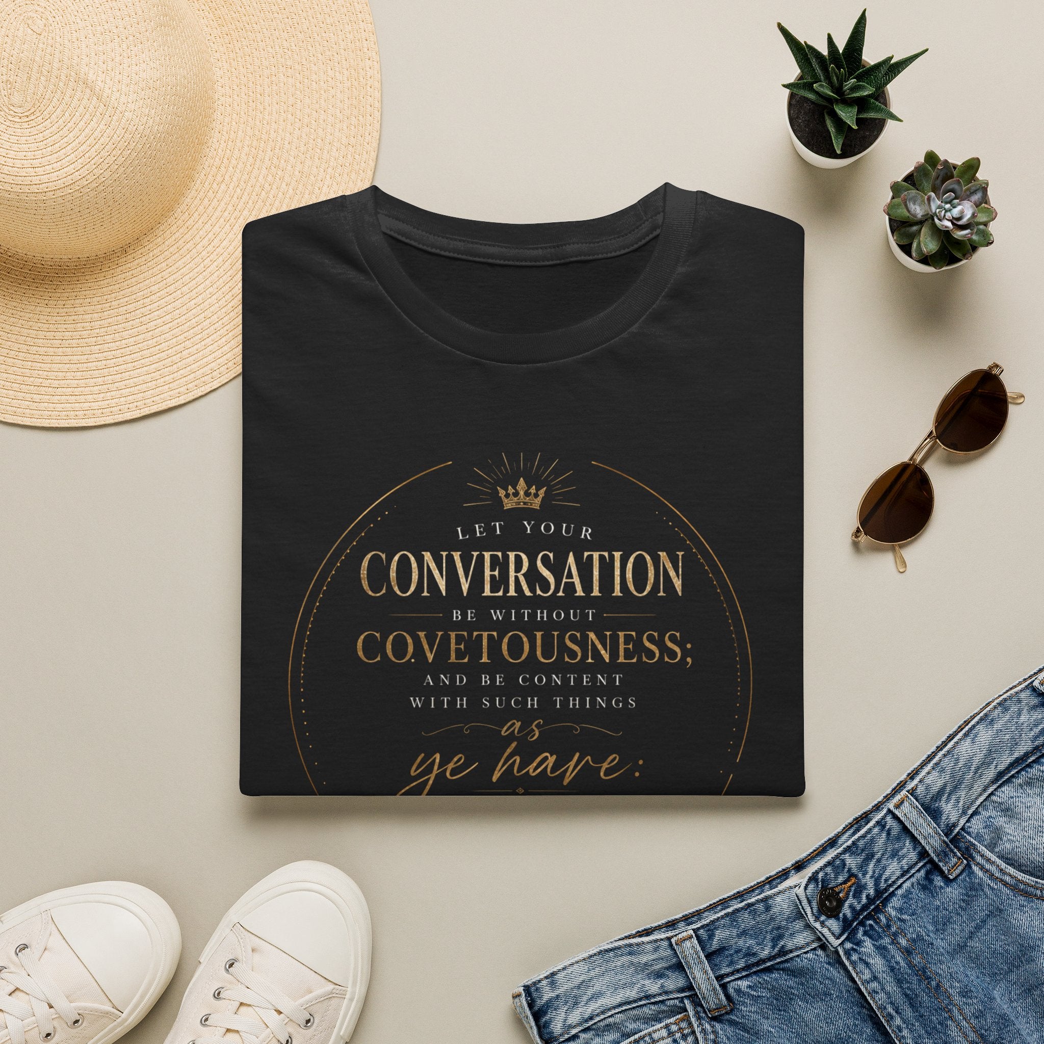 Hebrews 13:5 - Scripture T‑Shirt — "Let Your Conversation Be Without Covetousness"