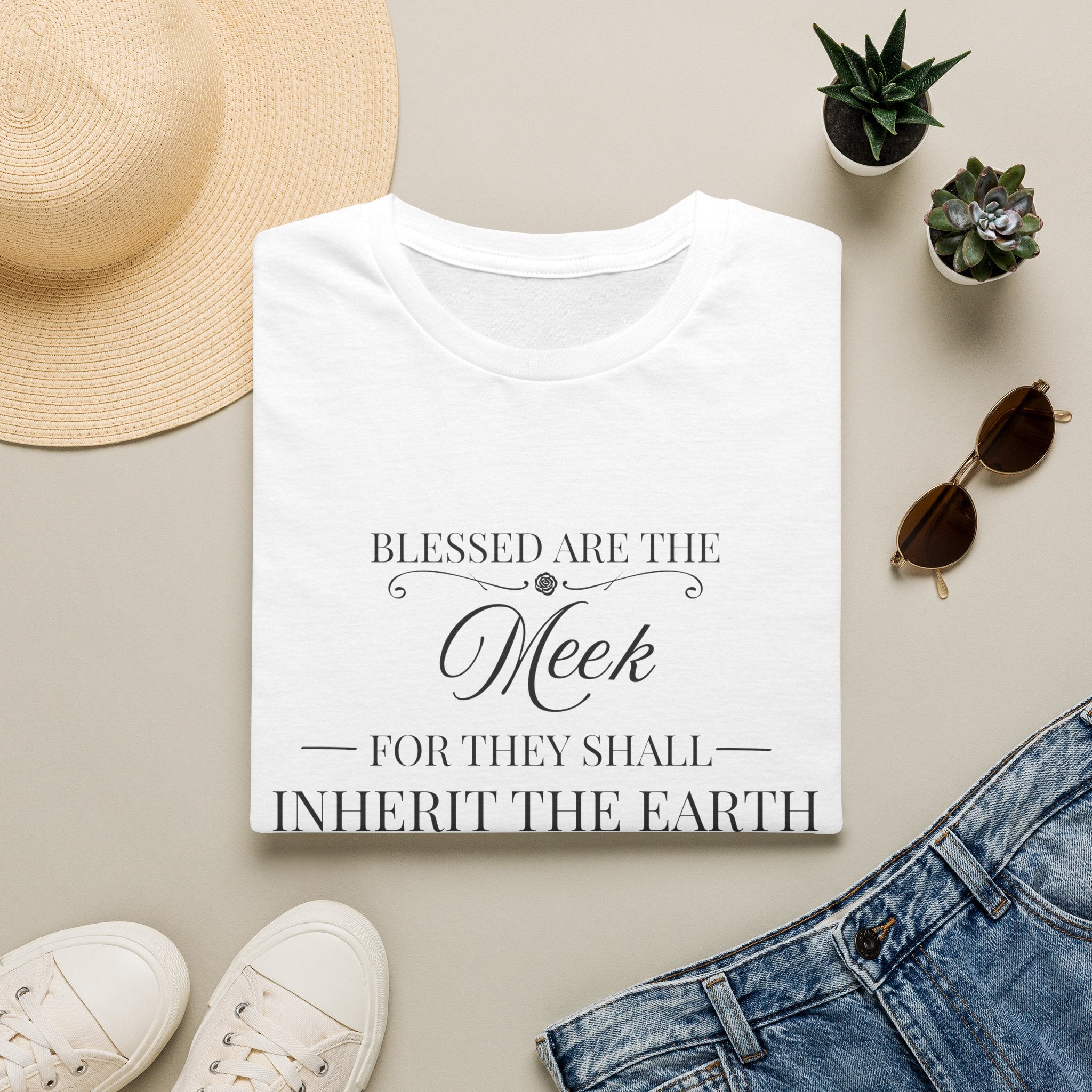 Matthew 5:5 — "Blessed are the Meek for They Shall Inherit the Earth" Christian Floral Tee