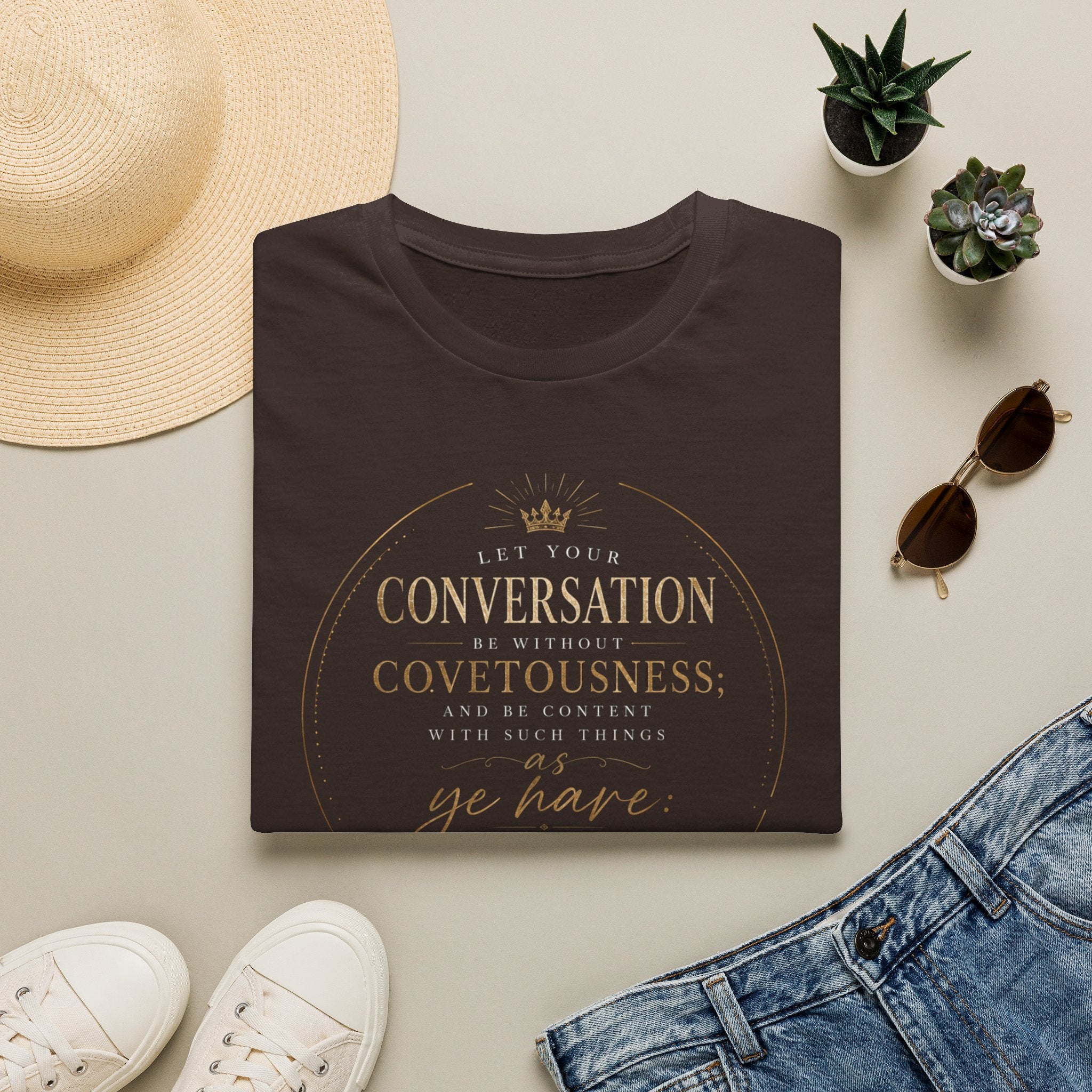 Hebrews 13:5 - Scripture T‑Shirt — "Let Your Conversation Be Without Covetousness"