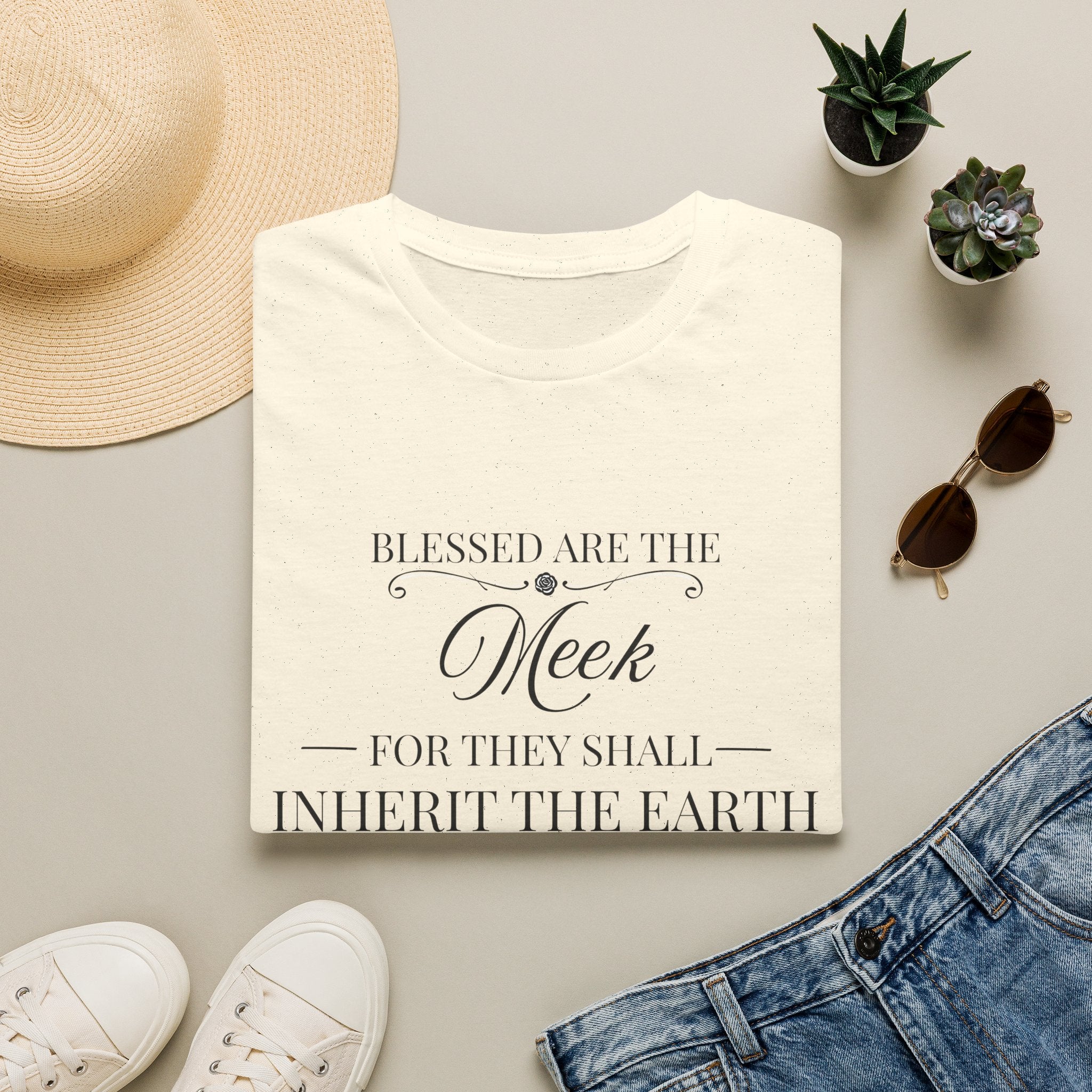 Matthew 5:5 — "Blessed are the Meek for They Shall Inherit the Earth" Christian Floral Tee
