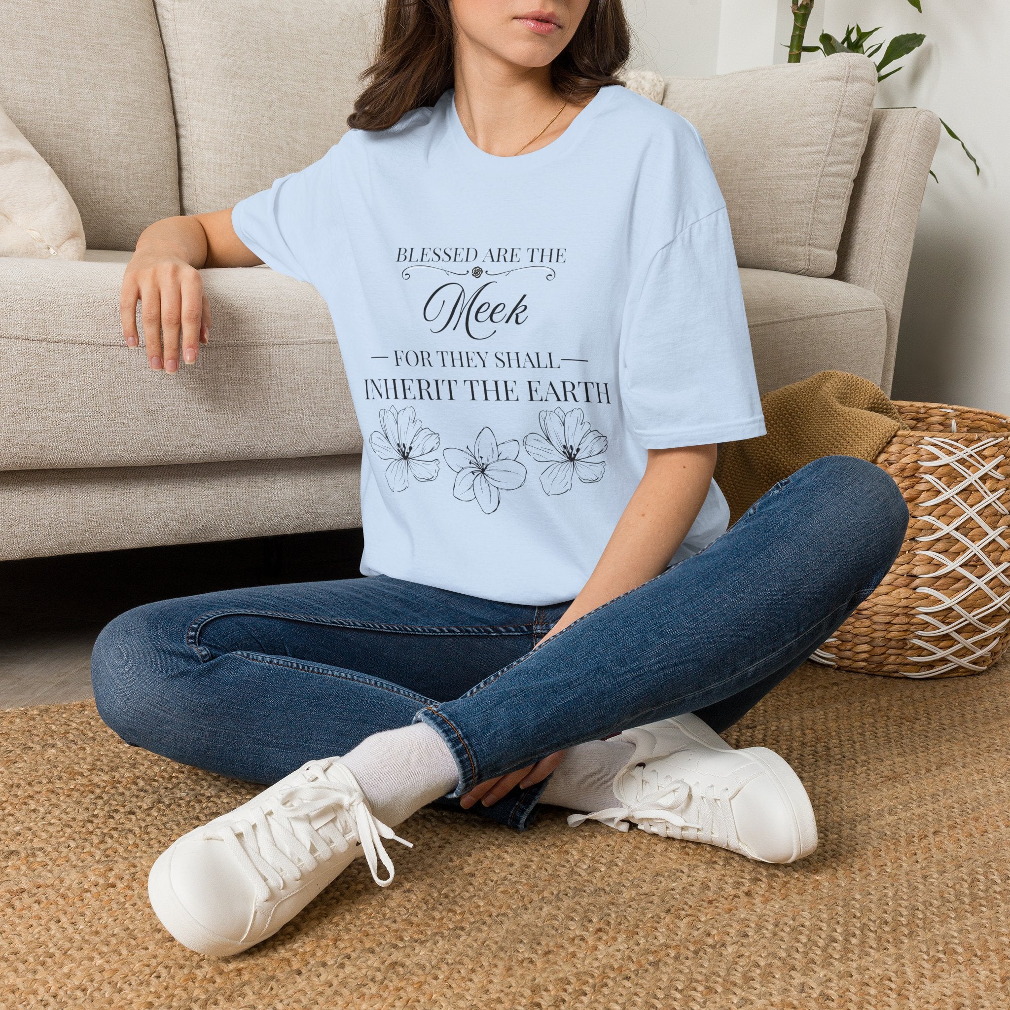 Matthew 5:5 — "Blessed are the Meek for They Shall Inherit the Earth" Christian Floral Tee